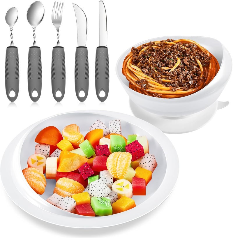 Maxcheck 2 Sets Adaptive Utensils Bowl and Plate Set Adaptive Self Feeding Dinnerware with Suction Base Non Slip Bendable Cutlery for Elderly Disabled Hand Tremors Arthritis Parkinson(White) - Image 1